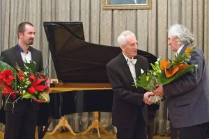 1190th Liszt Evening, Music and Literature Club in Wroclaw 10th November 2015. <br>Ryszard Sławczynski -  the Director of the Music and Literature Club thanks Thomas Kamieniak and Juliusz Adamowski.<br> Photo by Andrzej Solnica.